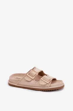 Outlet Boto Klapki Damskie Z Klamrami I Ozdobnym Obszyciem Beżowe Visley Beżowy