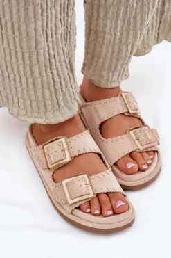 Outlet Boto Klapki Damskie Z Klamrami I Ozdobnym Obszyciem Beżowe Visley Beżowy