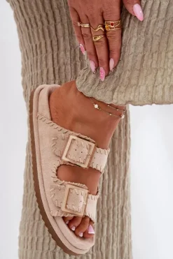 Outlet Boto Klapki Damskie Z Klamrami I Ozdobnym Obszyciem Beżowe Visley Beżowy