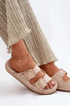 Outlet Boto Klapki Damskie Z Klamrami I Ozdobnym Obszyciem Beżowe Visley Beżowy