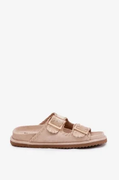 Outlet Boto Klapki Damskie Z Klamrami I Ozdobnym Obszyciem Beżowe Visley Beżowy