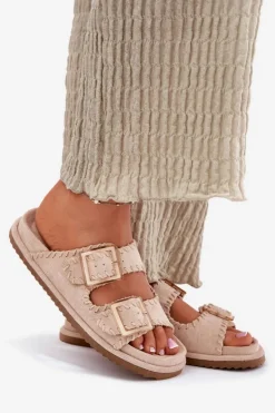 Outlet Boto Klapki Damskie Z Klamrami I Ozdobnym Obszyciem Beżowe Visley Beżowy