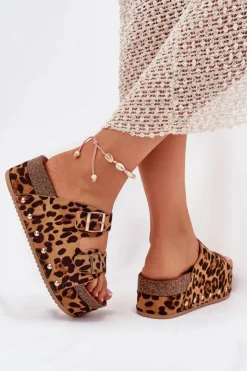 Boto Klapki Korkowe|Klapki Na Platformie*Klapki Damskie Z Klamrami Na Masywnej Platformie Panterka Odisene Brązowy