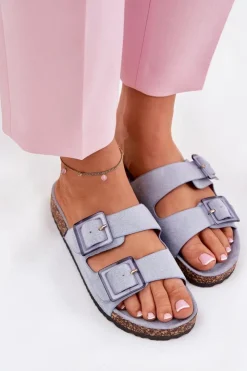 Online Boto Klapki Damskie Z Klamrami Na Korkowej Podeszwie e Sercele Niebieski