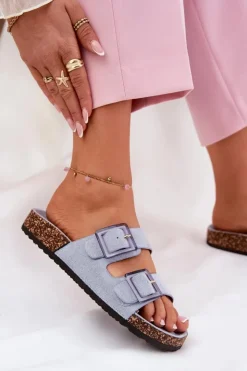 Online Boto Klapki Damskie Z Klamrami Na Korkowej Podeszwie e Sercele Niebieski