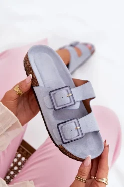 Online Boto Klapki Damskie Z Klamrami Na Korkowej Podeszwie e Sercele Niebieski