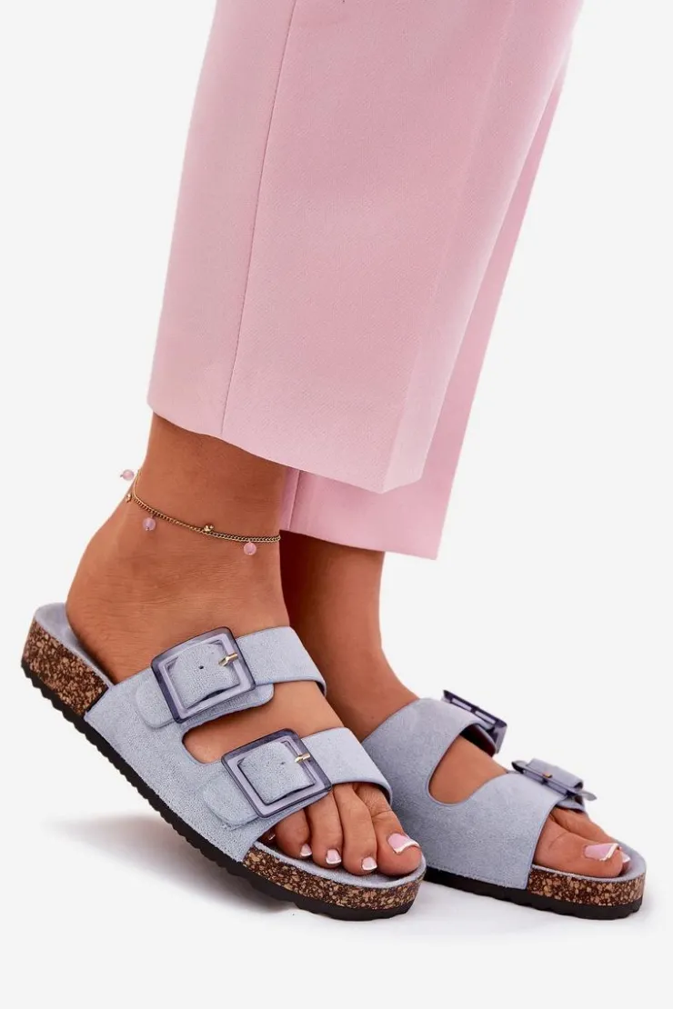 Online Boto Klapki Damskie Z Klamrami Na Korkowej Podeszwie e Sercele Niebieski