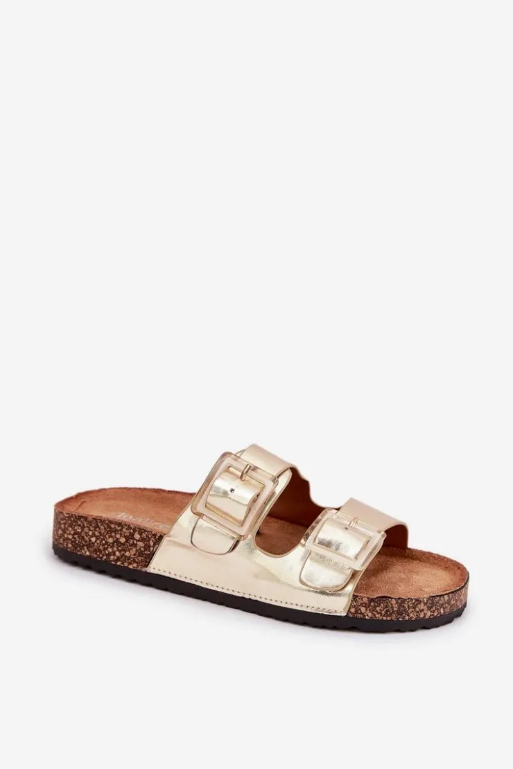 Sale Boto Klapki Damskie Z Klamrami Na Korkowej Podeszwie Złote Sercele