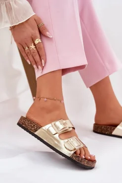 Sale Boto Klapki Damskie Z Klamrami Na Korkowej Podeszwie Złote Sercele