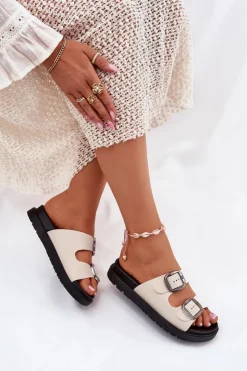 Damskie Boto Klapki Damskie Z Klamrami Na Platformie Beżowe Elamas