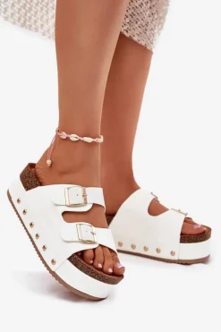 Online Boto Klapki Damskie Z Klamrami Na Masywnej Platformie Białe Odisene