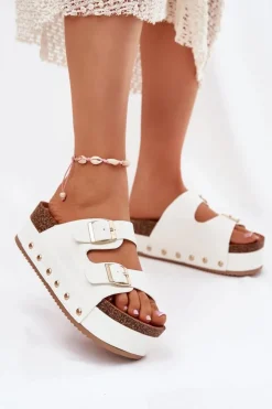 Online Boto Klapki Damskie Z Klamrami Na Masywnej Platformie Białe Odisene