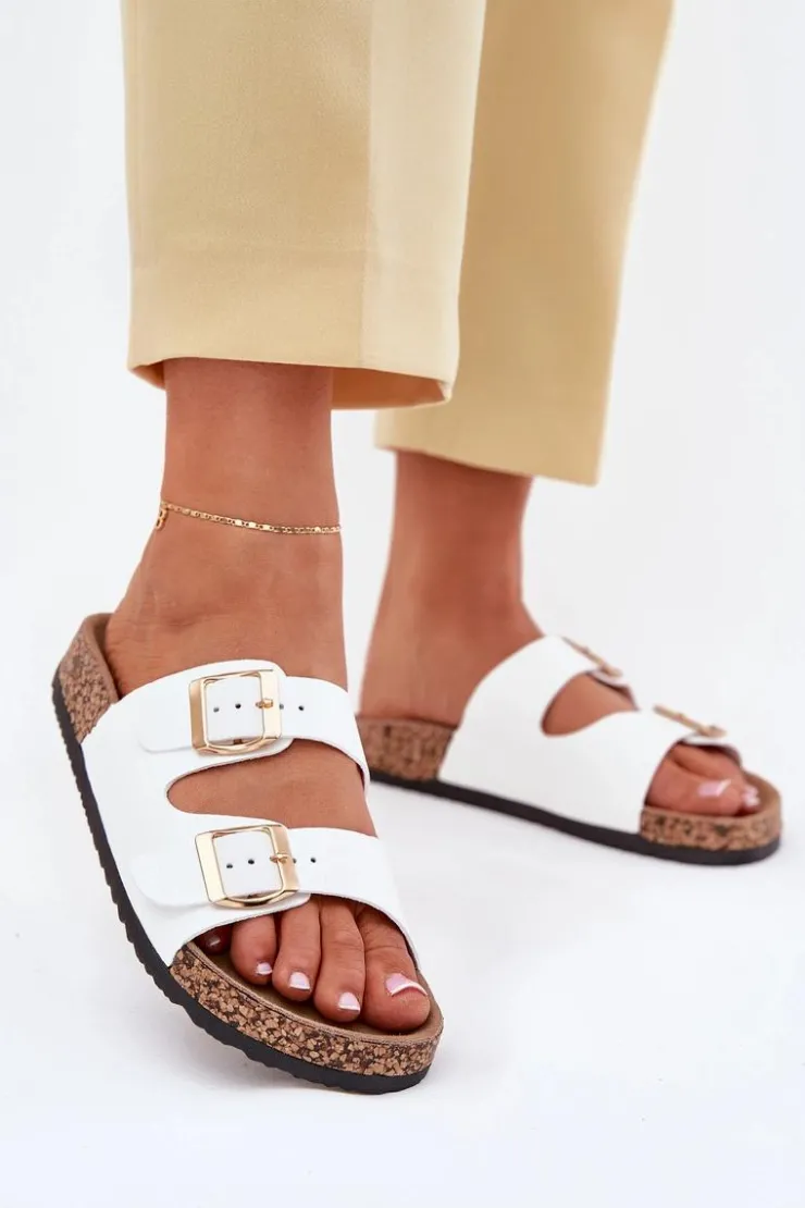 Hot Evento Klapki Damskie Z Klamrami Z Eko Skóry Białe Iskira Biały