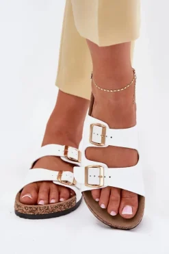 Hot Evento Klapki Damskie Z Klamrami Z Eko Skóry Białe Iskira Biały