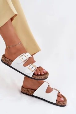 Hot Evento Klapki Damskie Z Klamrami Z Eko Skóry Białe Iskira Biały