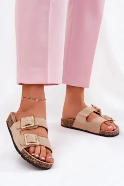 Damskie Boto Klapki Damskie Z Klamrami Na Korkowej Podeszwie Beżowe Sercele