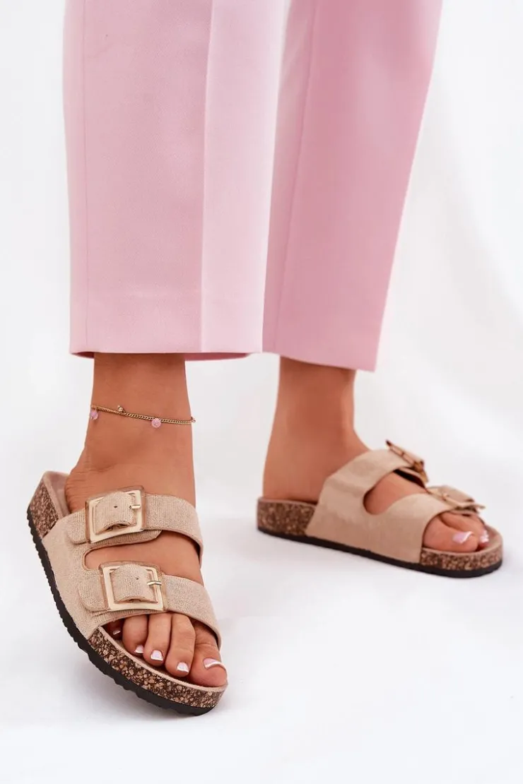 Damskie Boto Klapki Damskie Z Klamrami Na Korkowej Podeszwie Beżowe Sercele