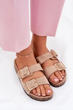 Damskie Boto Klapki Damskie Z Klamrami Na Korkowej Podeszwie Beżowe Sercele