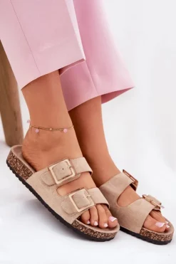 Damskie Boto Klapki Damskie Z Klamrami Na Korkowej Podeszwie Beżowe Sercele