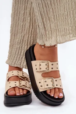 Damskie Boto Klapki Damskie Z Klamrami Na Platformie Beżowe Nilatha