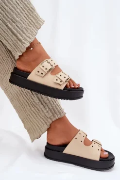 Damskie Boto Klapki Damskie Z Klamrami Na Platformie Beżowe Nilatha