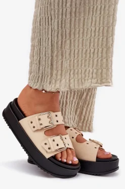 Damskie Boto Klapki Damskie Z Klamrami Na Platformie Beżowe Nilatha