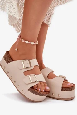 Damskie Boto Klapki Damskie Z Klamrami Na Masywnej Platformie Beżowe Odisene