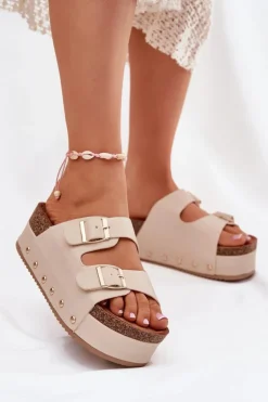 Damskie Boto Klapki Damskie Z Klamrami Na Masywnej Platformie Beżowe Odisene