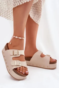 Damskie Boto Klapki Damskie Z Klamrami Na Masywnej Platformie Beżowe Odisene