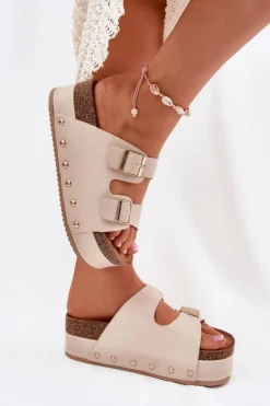 Damskie Boto Klapki Damskie Z Klamrami Na Masywnej Platformie Beżowe Odisene