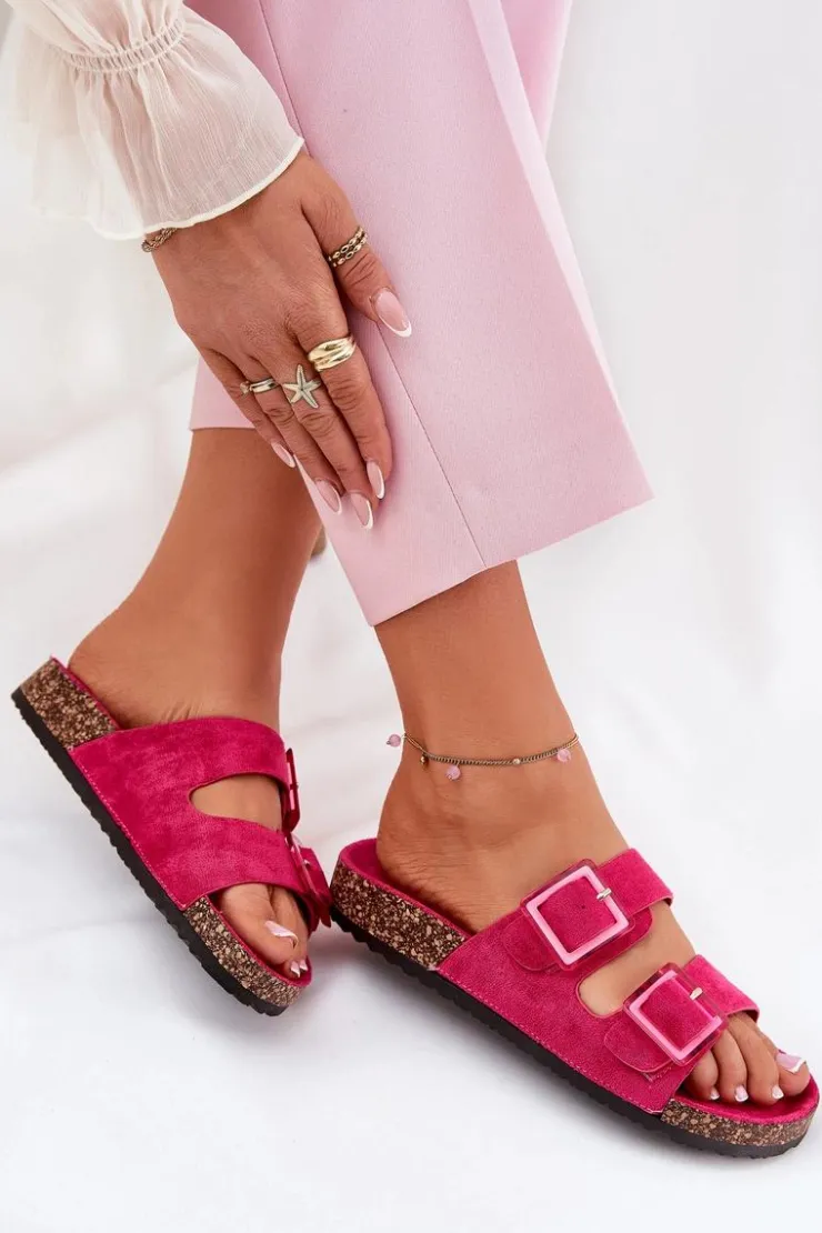 Damskie Boto Klapki Damskie Z Klamrami Na Korkowej Podeszwie Fuksja Sercele