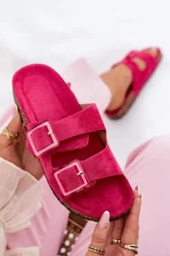 Damskie Boto Klapki Damskie Z Klamrami Na Korkowej Podeszwie Fuksja Sercele