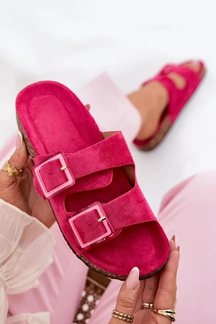 Damskie Boto Klapki Damskie Z Klamrami Na Korkowej Podeszwie Fuksja Sercele