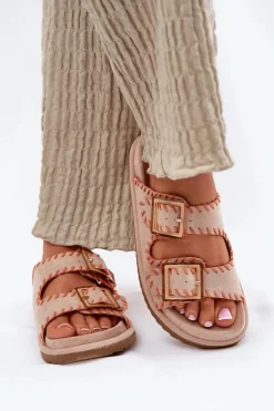 Damskie Boto Klapki Damskie Z Klamrami I Ozdobnym Obszyciem Beżowe Visley