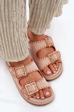 Damskie Boto Klapki Damskie Z Klamrami I Ozdobnym Obszyciem Beżowe Visley