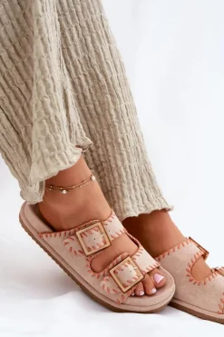 Damskie Boto Klapki Damskie Z Klamrami I Ozdobnym Obszyciem Beżowe Visley