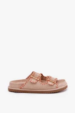 Damskie Boto Klapki Damskie Z Klamrami I Ozdobnym Obszyciem Beżowe Visley