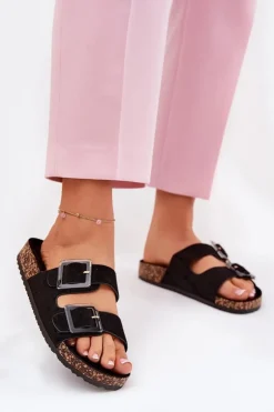 Boto Klapki Korkowe|Klapki Na Platformie*Klapki Damskie Z Klamrami Na Korkowej Podeszwie Czarne Sercele Czarny