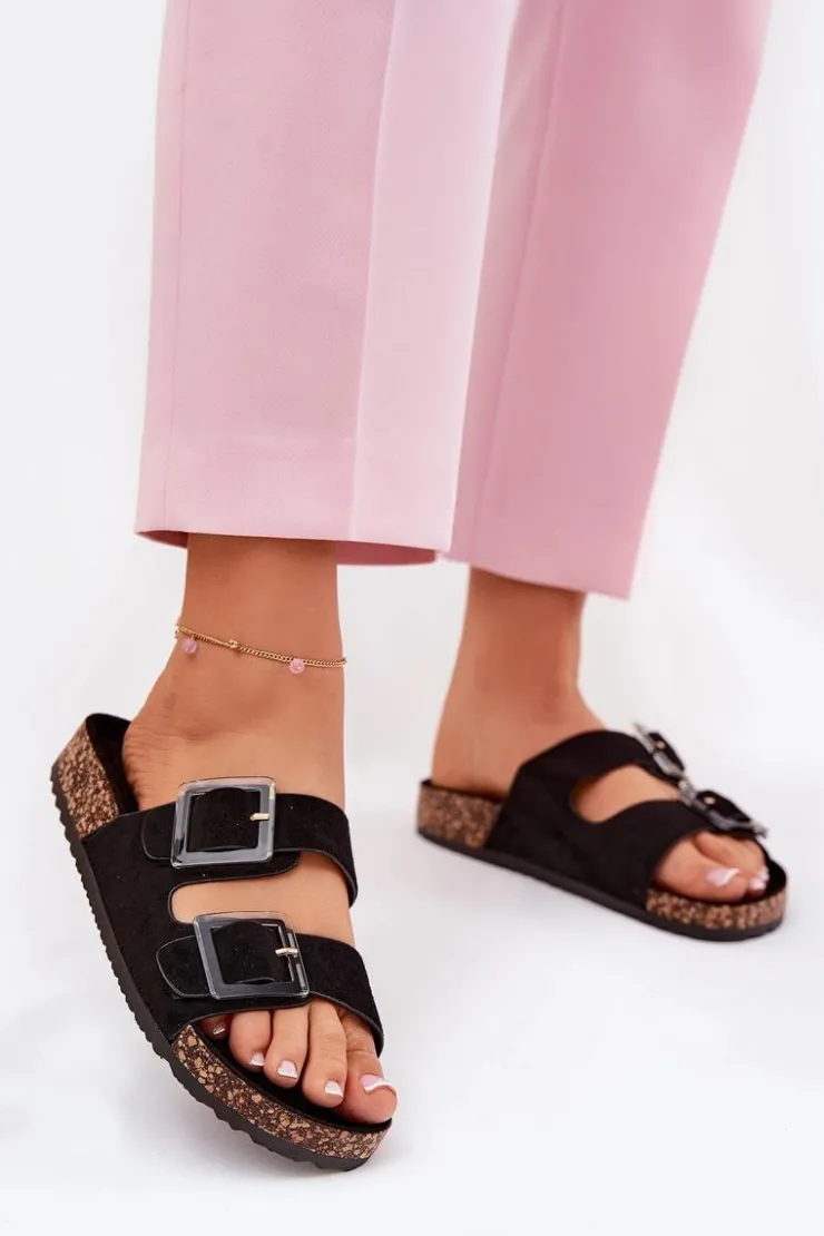 Boto Klapki Korkowe|Klapki Na Platformie*Klapki Damskie Z Klamrami Na Korkowej Podeszwie Czarne Sercele Czarny