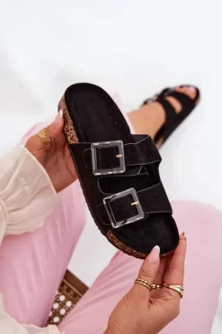 Boto Klapki Korkowe|Klapki Na Platformie*Klapki Damskie Z Klamrami Na Korkowej Podeszwie Czarne Sercele Czarny