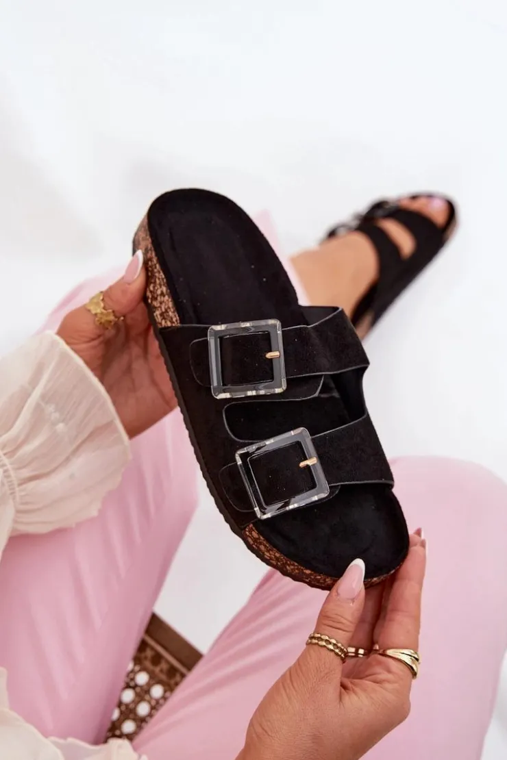 Boto Klapki Korkowe|Klapki Na Platformie*Klapki Damskie Z Klamrami Na Korkowej Podeszwie Czarne Sercele Czarny