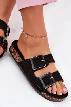 Boto Klapki Korkowe|Klapki Na Platformie*Klapki Damskie Z Klamrami Na Korkowej Podeszwie Czarne Sercele Czarny