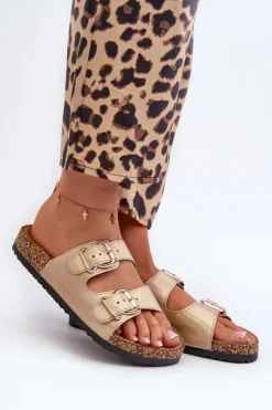 Boto Klapki Damskie Klasyczne*Klapki Damskie Z Klamrami Złote Fronila Złoty