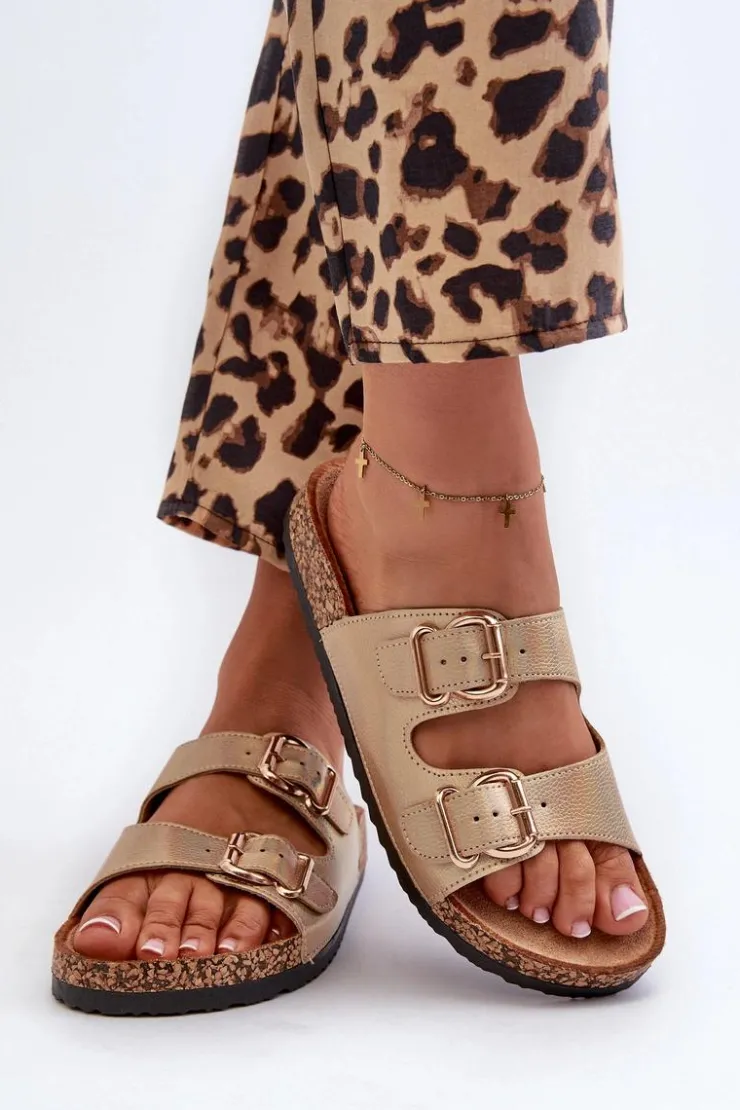 Boto Klapki Damskie Klasyczne*Klapki Damskie Z Klamrami Złote Fronila Złoty