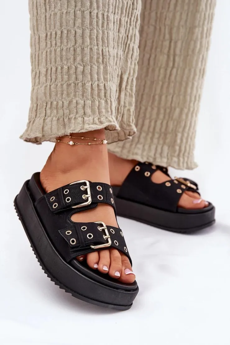 Damskie Boto Klapki Damskie Z Klamrami Na Platformie Czarne Nilatha