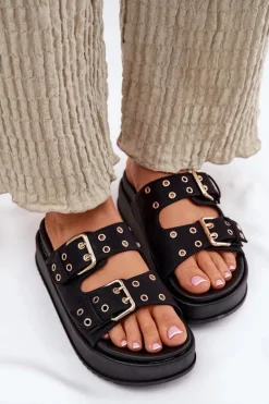 Damskie Boto Klapki Damskie Z Klamrami Na Platformie Czarne Nilatha