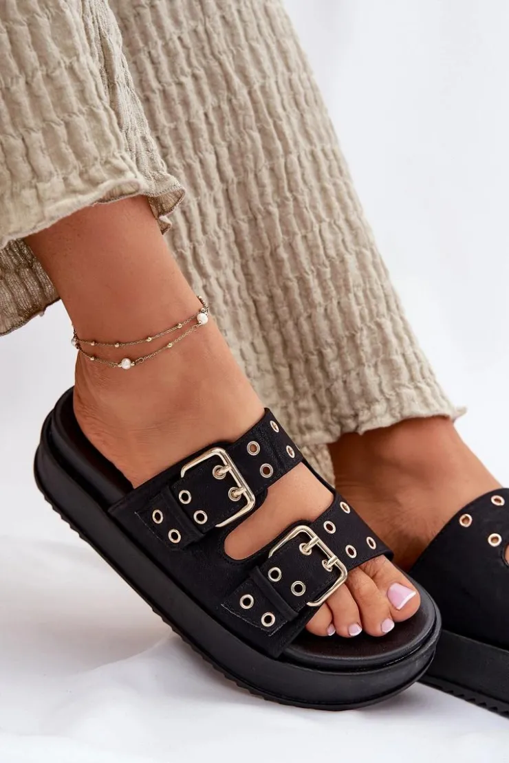 Damskie Boto Klapki Damskie Z Klamrami Na Platformie Czarne Nilatha