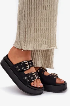 Damskie Boto Klapki Damskie Z Klamrami Na Platformie Czarne Nilatha