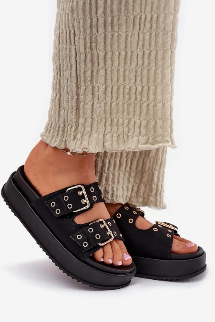 Damskie Boto Klapki Damskie Z Klamrami Na Platformie Czarne Nilatha