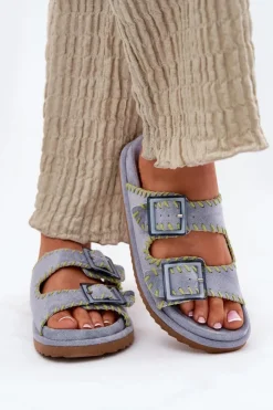 Boto Klapki Na Platformie|Klapki Damskie Klasyczne*Klapki Damskie Z Klamrami I Ozdobnym Obszyciem e Visley Niebieski